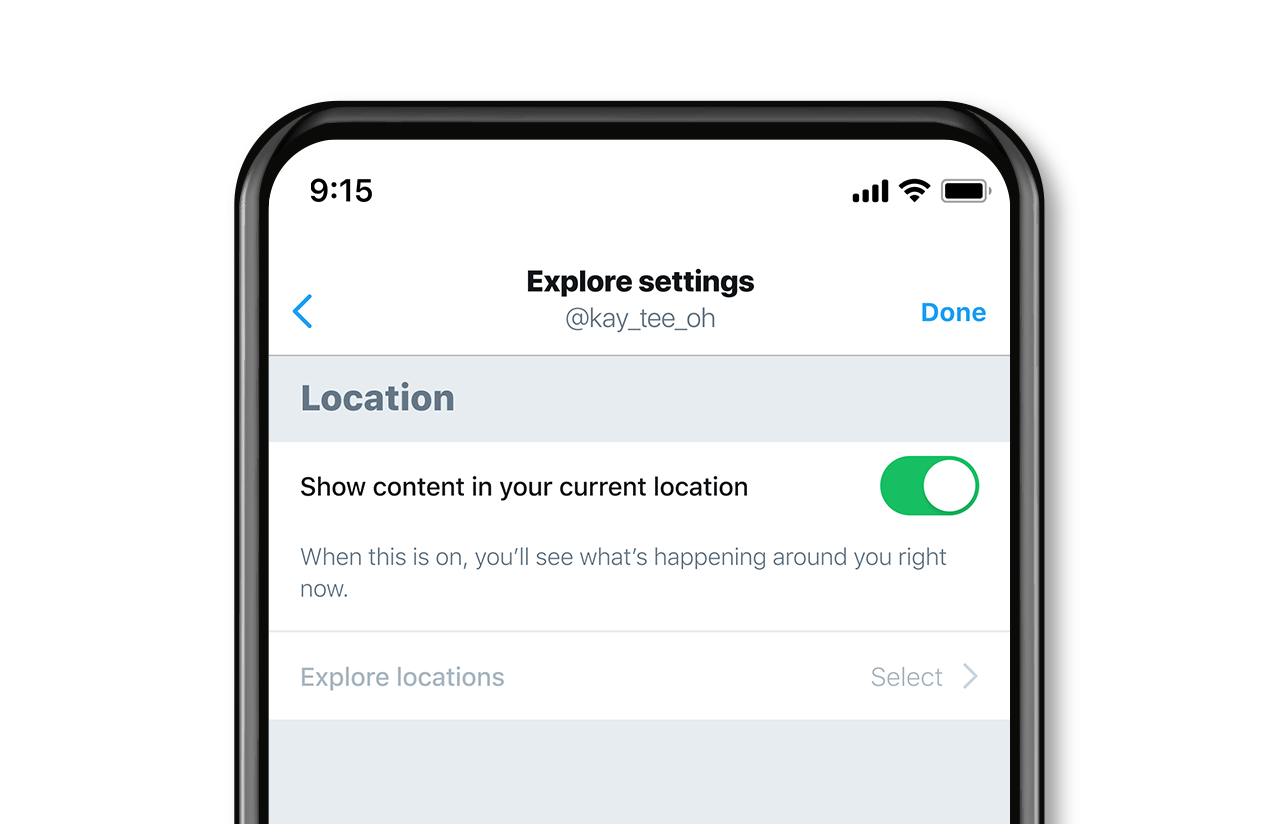 The Explore settings with an option to show content in your current location
