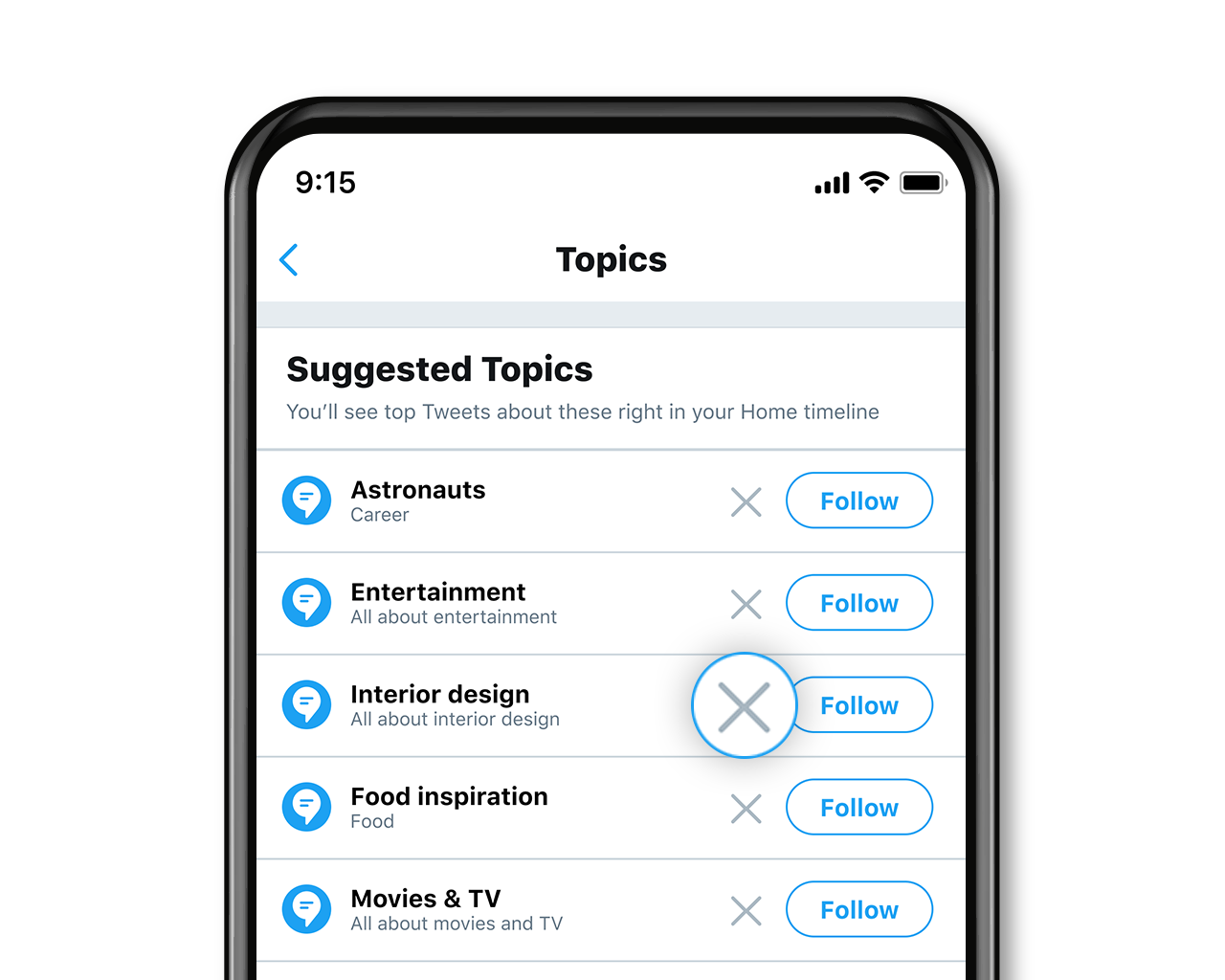 A large X icon next to the follow button