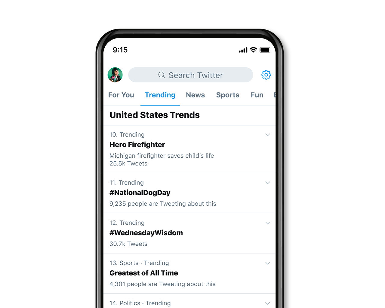 An example of trending hashtags on the Explore tab on the Twitter mobile app