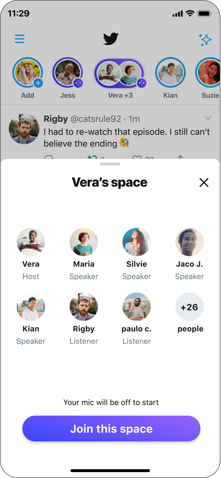 Preview of the profiles and names of people who are already in the Space. The last profile shows the number of additional people in the Space: +26