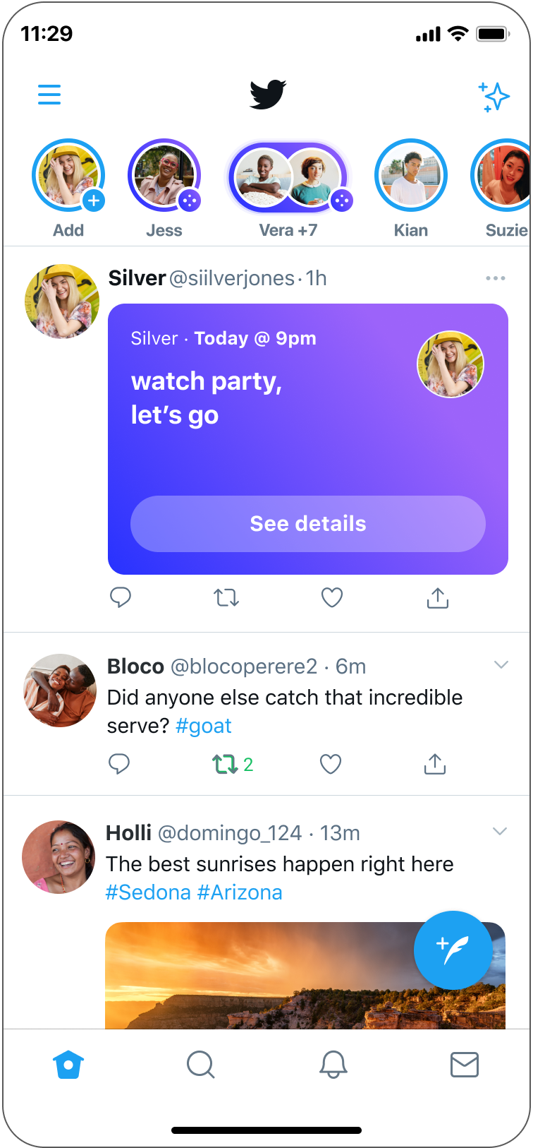 Showing two ways to Join a Space: purple outline at the top of your Timeline, and an invitation in a Tweet.