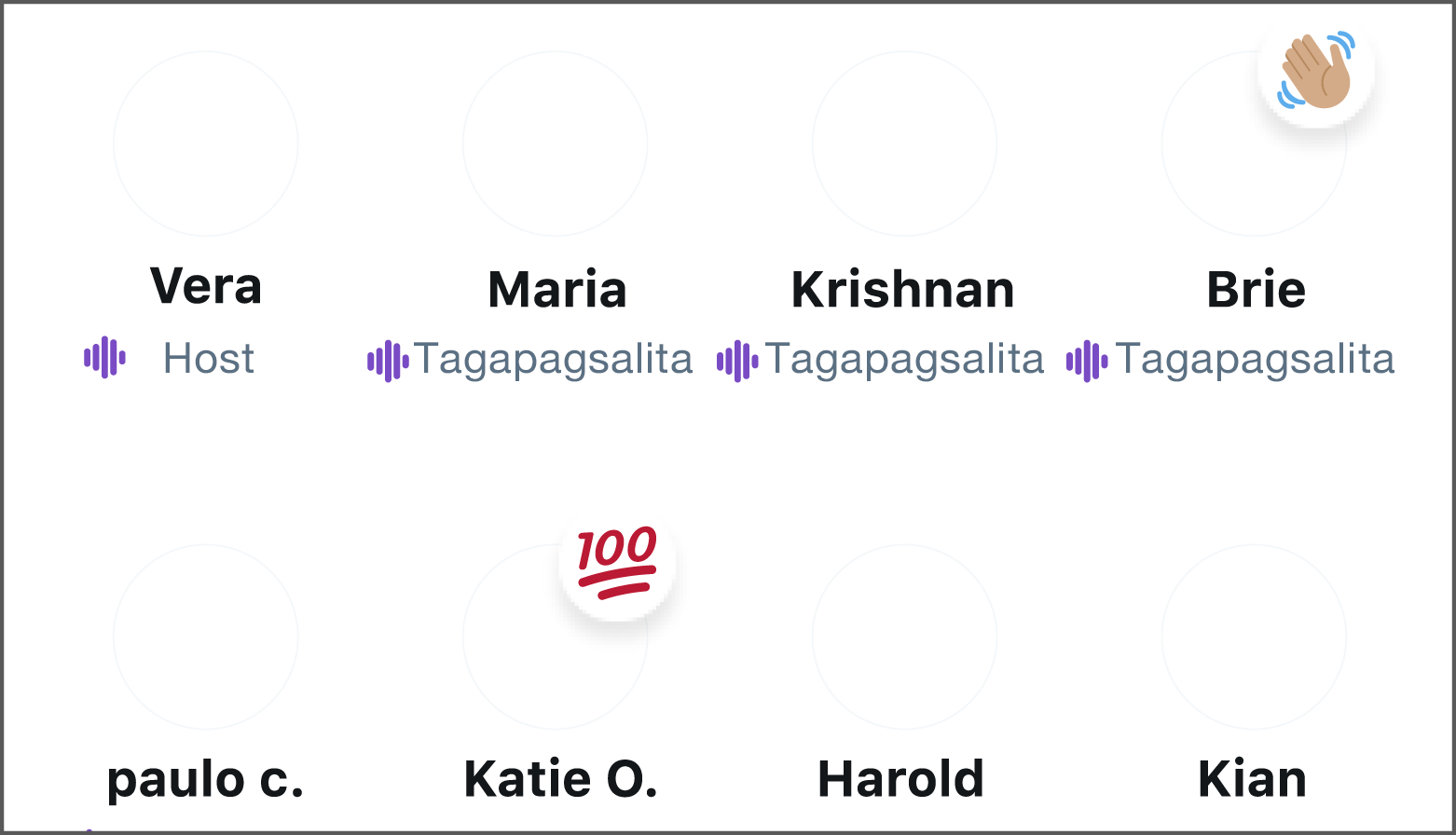 Napili ang button na mga reaksyon 5 opsyon sa emoji ang lalabas: 100, nakataas na kamao, peace sign, pagkaway, umiiyak nang may tears of joy.