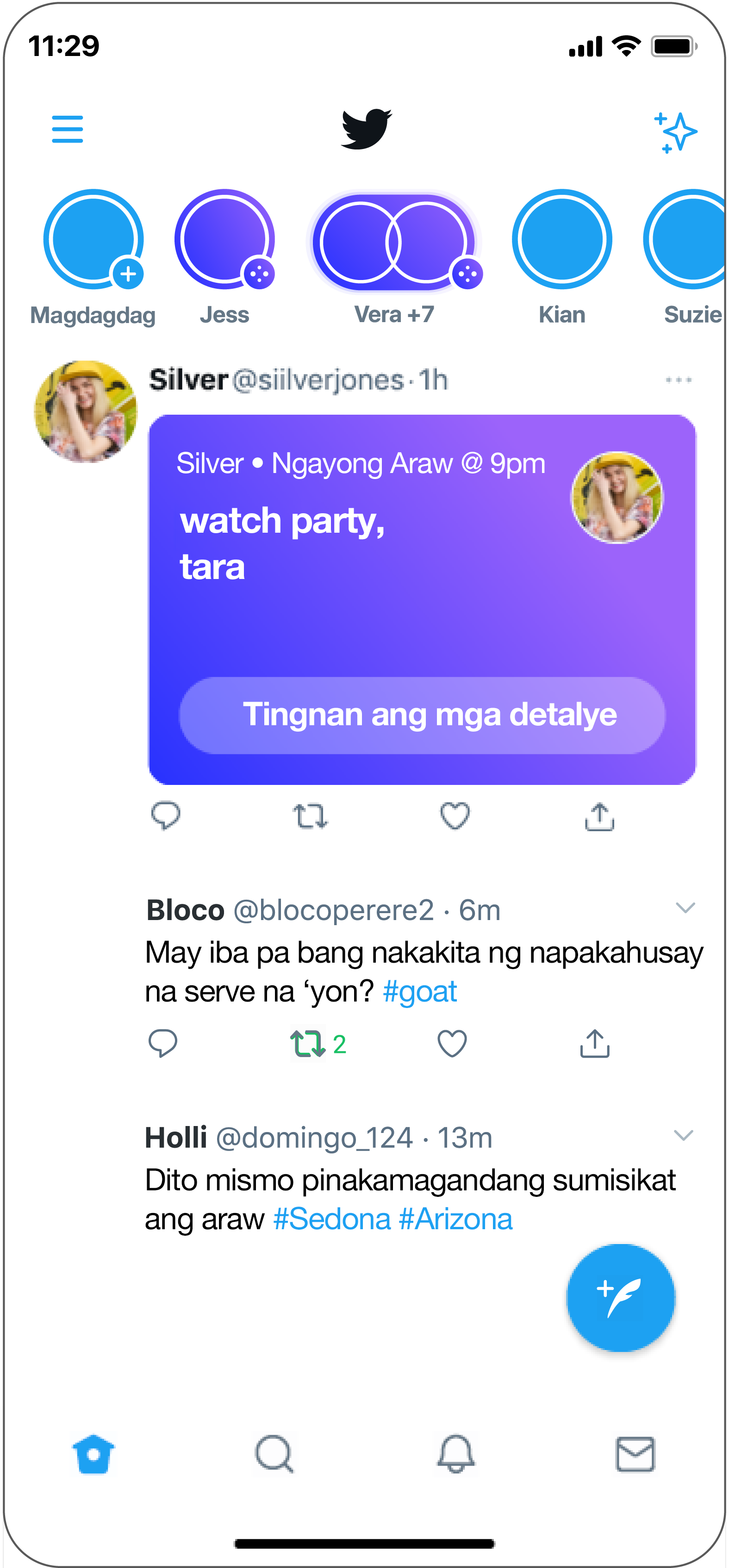 Nagpapakita ng dalawang paraan kung paano Sumali sa isang Space: purple na outline sa itaas ng iyong Timeline, at isang imbitasyon sa isang Tweet.