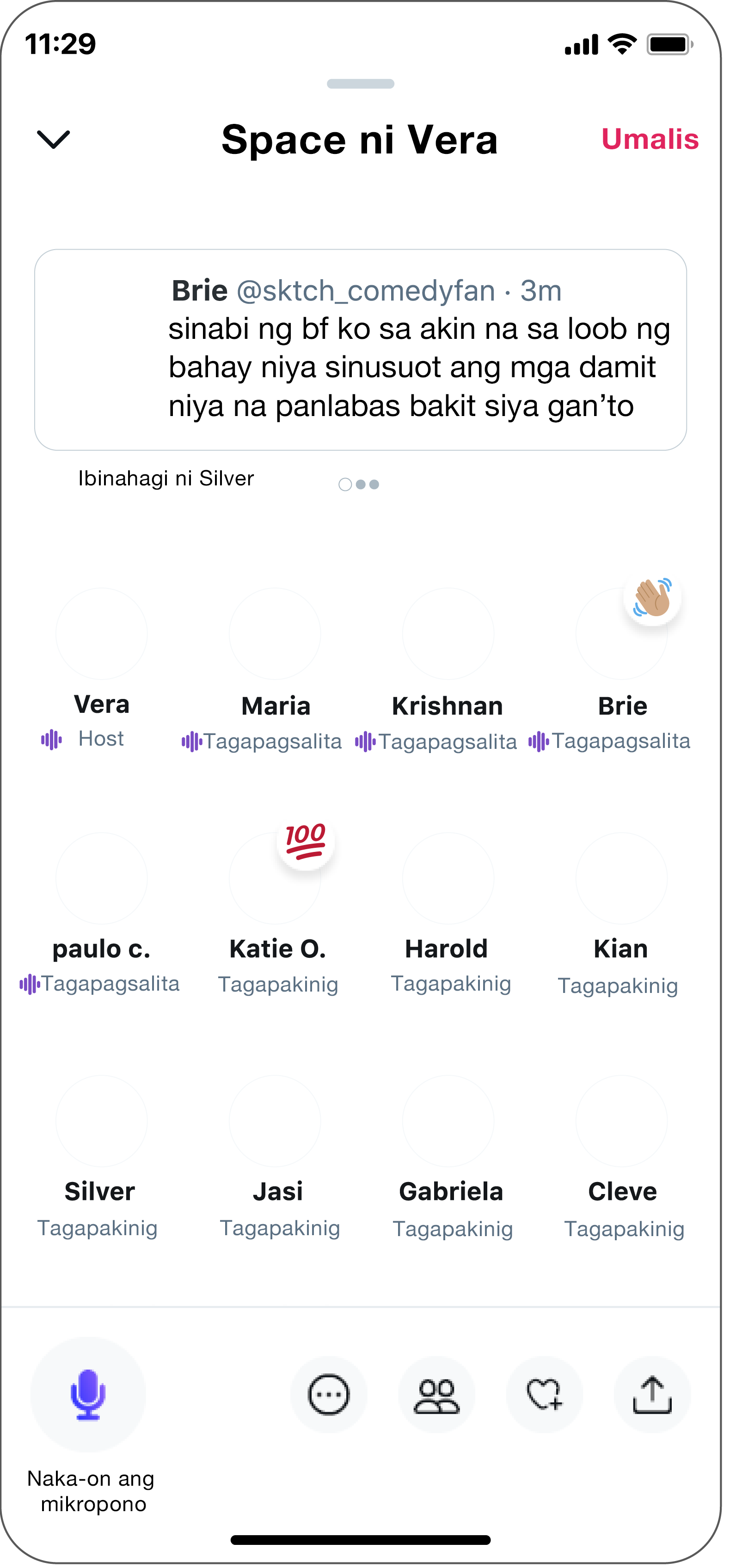 Minu-mute ang isang Tagapagsalita kapag pumapasok sa Space. “Naka-off ang mic” ang sabi ng unmute button.