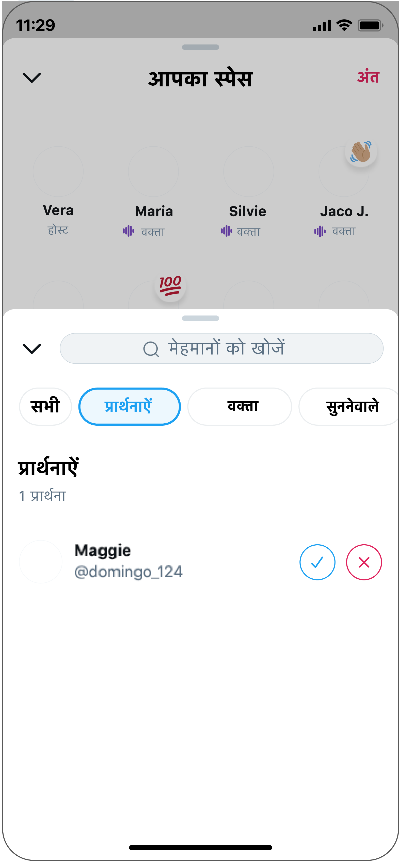 होस्ट चेकमार्क चुनकर व्यक्ति को बोलने देना चुन सकता है या "x" को चुनकर व्यक्ति को बोलने नहीं देना चुन सकता है.