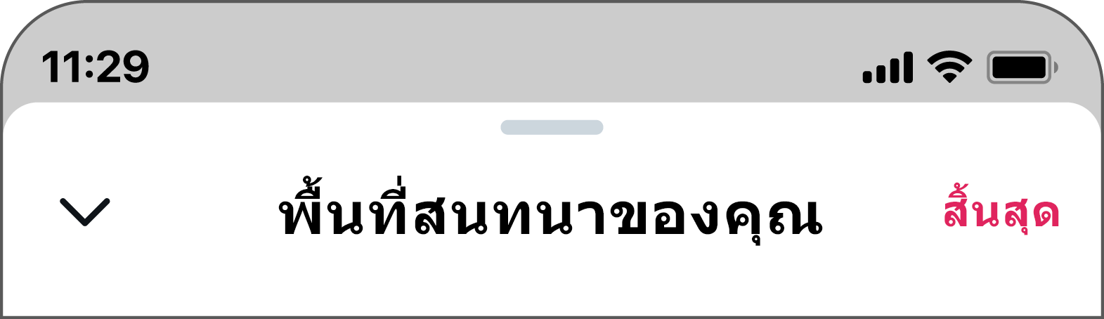 ปุ่ม "สิ้นสุด" อยู่ที่มุมขวาบน ที่ด้านขวาของ "พื้นที่สนทนาของคุณ"